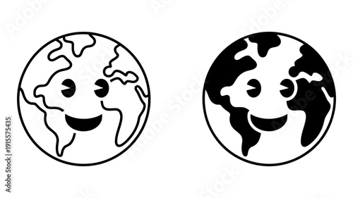 A delightful illustration of the Earth globe with a friendly smiling face, available in outline and solid.