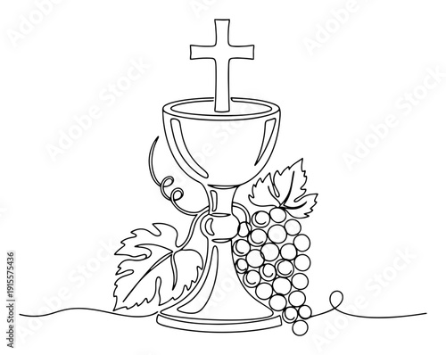 Religious holy chalice with grapes and cross in minimalist continuous line art