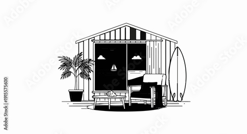 Cozy beach house with a surfboard and palm plant, view of sailboat