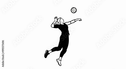 Female athlete spikes a volleyball mid-air in a black and white illustration