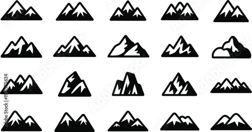 Grid of fifteen black mountain silhouette icons mountains
