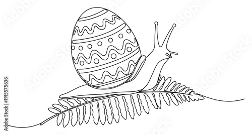 Minimalist continuous one line drawing of a snail with a decorated Easter egg shell crawling on a fern leaf