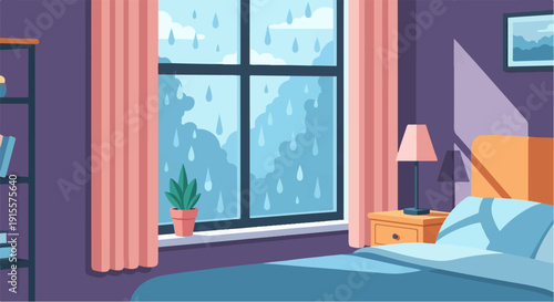 Cozy bedroom with rain visible through the window, a plant and a lamp