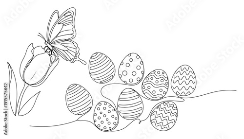 Easter eggs composition with butterfly and tulip flower in continuous line art style