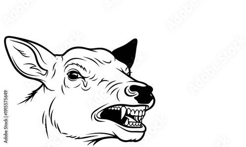 Ferocious canine head with bared fangs, wild eyes and pointed ear