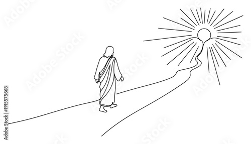 Spiritual line art illustration of Jesus Christ walking on a path towards a bright rising sun with rays