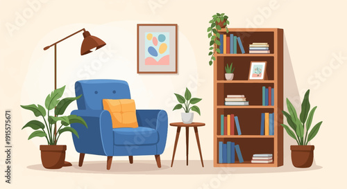 Cozy corner with blue armchair, bookshelf, plants, and art