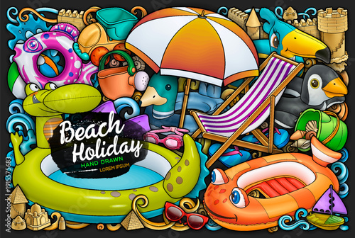 olorful hand-drawn summer beach scene with inflatable water slide, tent, sandcastle, toys, umbrella, and seaside accessories arranged in a playful cartoon composition
