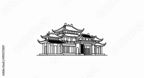 Detailed black and white illustration of an intricate, multi-tiered traditional building