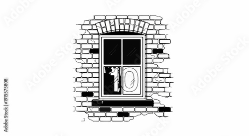 Cracked brick wall with a four-paned window revealing a distorted reflection