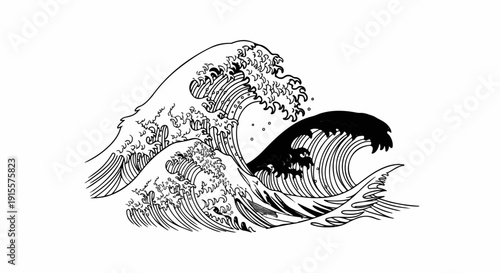 Dramatic ink illustration of turbulent ocean waves crashing ashore under a bright sky