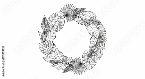 Elegant circular wreath of detailed tropical monstera and palm leaves