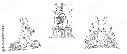 Set of hand drawn minimalist animal illustrations including Easter bunnies and a squirrel with seasonal decorations
