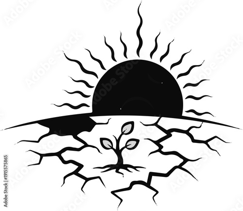 Cracked earth, small plant, and a dark sun with wavy rays