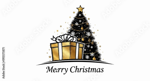 Festive Christmas tree and gift with star ornaments and gold accents