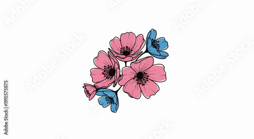 Delicate pink and blue blossoms with dark centers on thin stems