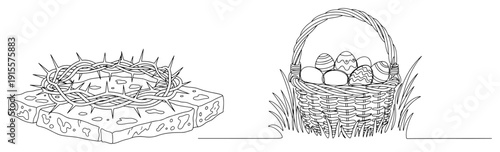 Detailed line art of the crown of thorns on a stone and a woven Easter basket full of decorated eggs in the grass