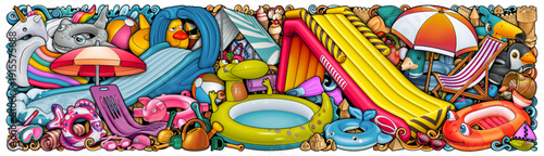 Colorful hand-drawn summer beach scene with inflatable water slide, tent, sandcastle, toys, umbrella, and seaside accessories arranged in a playful cartoon composition