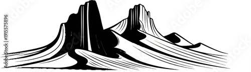 Dramatic black and white illustration of jagged mountain peaks and sweeping sand dunes