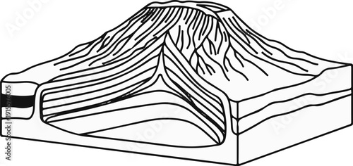 Cross-section of a mountain showing geological strata and erosion