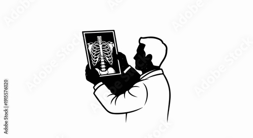 Doctor examining an X-ray image of a human rib cage and spine