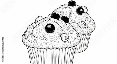 Detailed black and white illustration of two blueberry muffins in paper liners