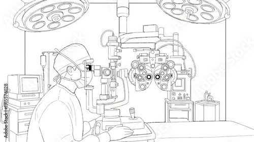 Doctor using an eye examination device in a clinic