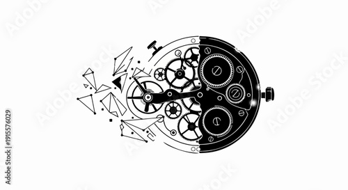Intricate clockwork mechanism breaking apart into geometric shapes against a white background