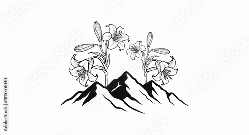 Elegant lilies bloom atop stark, snow-capped mountain peaks in monochrome
