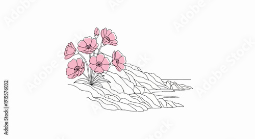 Delicate pink flowers bloom on a rocky shoreline with distant water