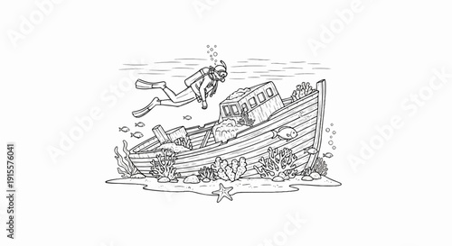 Diver explores a sunken ship with fish and coral reefs