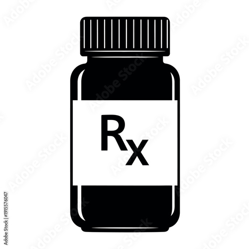 Black and white illustration of a prescription bottle with rx label