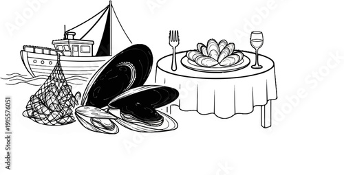 Fishing boat, net of shellfish, plated mussels, wine glass, fork, and table