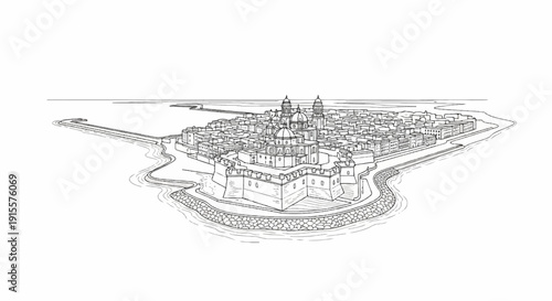 Detailed line drawing of a coastal city with fortifications and domes