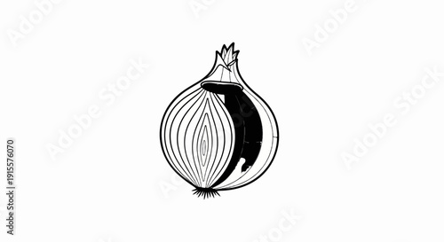 Cross-section of an onion with a dark, curved object inside