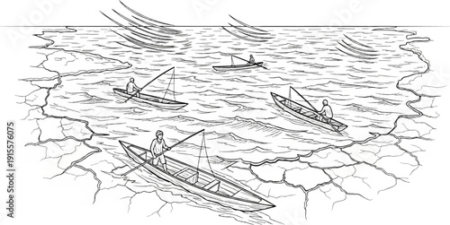 Fishermen in boats navigate choppy waters near cracked land