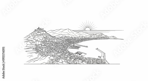 Detailed line drawing of a coastal town with a castle on a hill and a harbor