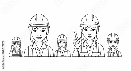 Diverse women in construction gear express various emotions in line art