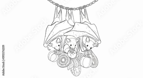 Cute bats hanging from a chain, holding fruit and vegetables