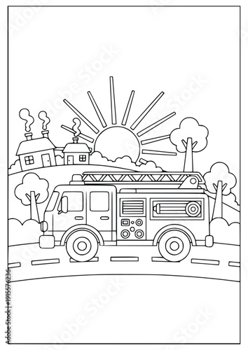 Firetruck coloring page for kids with a rescue vehicle and water hydrant