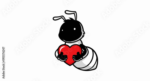 Cute cartoon ant character with black head and white body holding a red heart