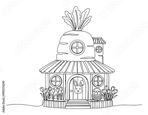 Creative carrot house illustration with cute rabbit and Easter eggs in continuous line art style