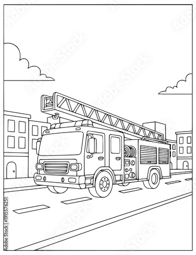 Firetruck coloring page for kids with a rescue vehicle and water hydrant
