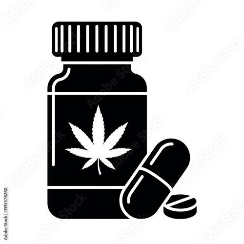 Black and white icon of a cannabis medicine bottle and pill