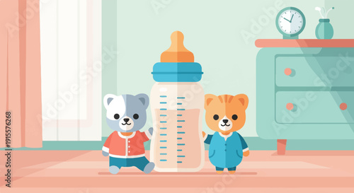 Cute cartoon bears and baby bottle in a cheerful nursery