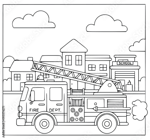 Firetruck coloring page for kids with a rescue vehicle and water hydrant