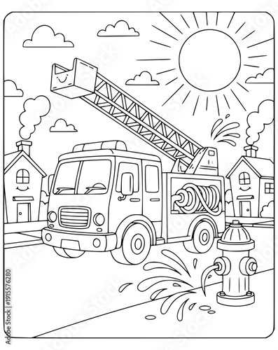  Firetruck coloring page for kids featuring a rescue vehicle and water hydrant