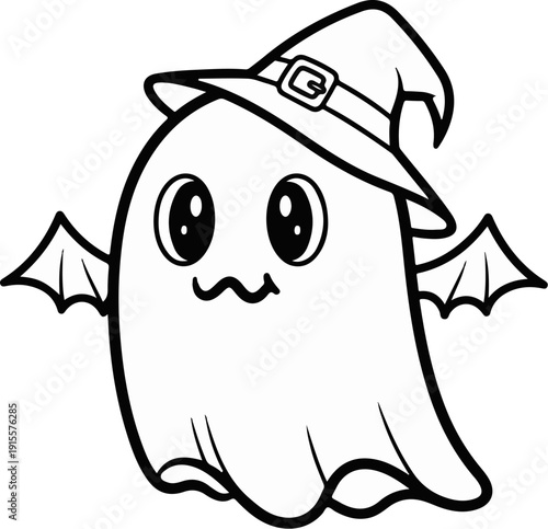 Cute cartoon ghost wearing a witch hat with bat wings