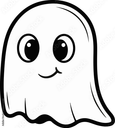 Cute cartoon ghost with big eyes and a smile, black outline on white
