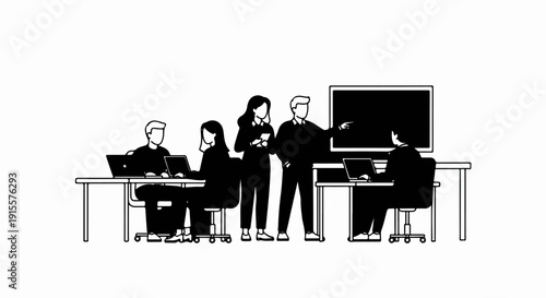 Diverse team collaborating around laptops and a presentation screen